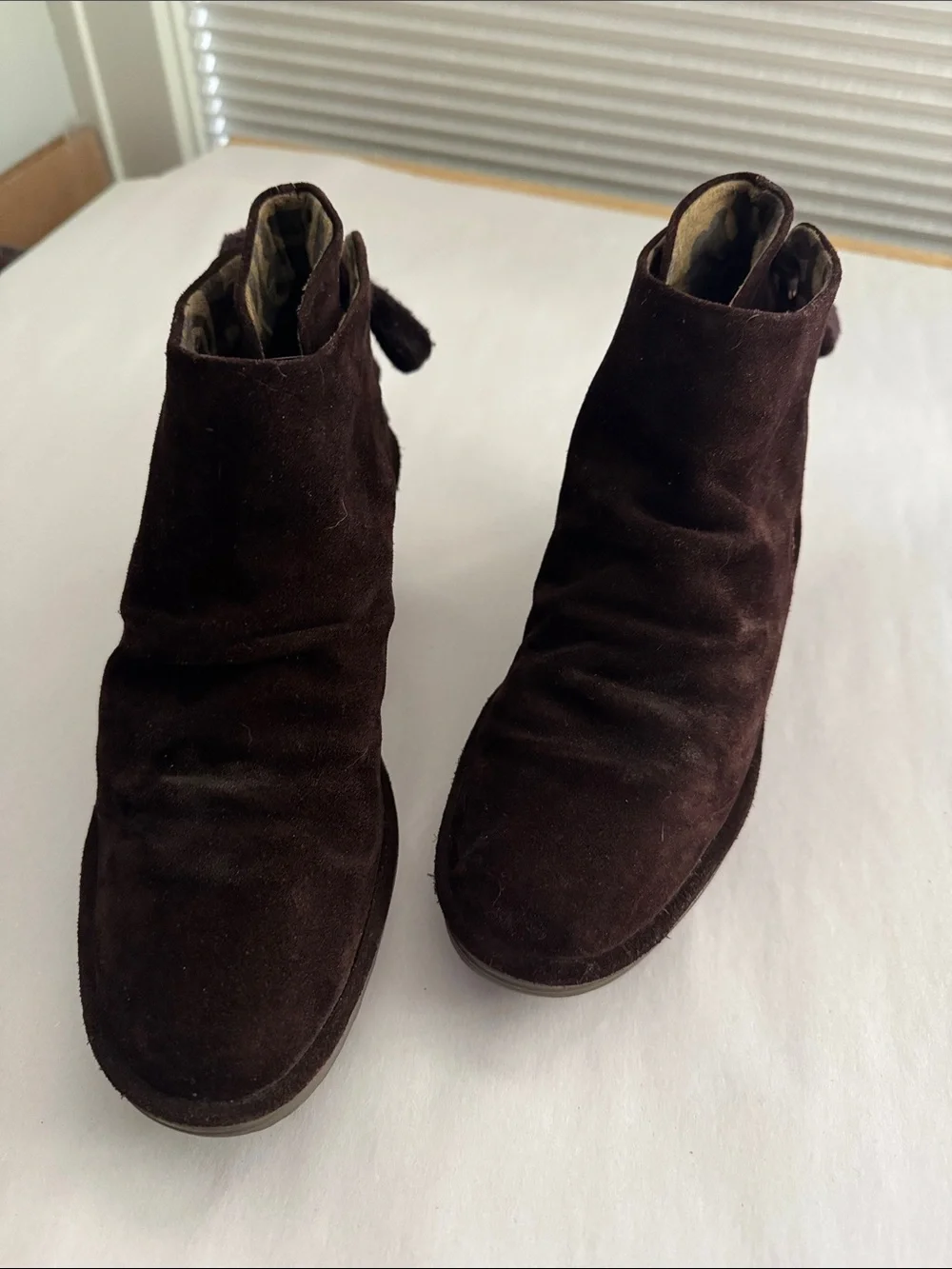 Fly London Yebi Brown Suede Wedge Booties Women 7 Ruched Tie Back Ankle Boot